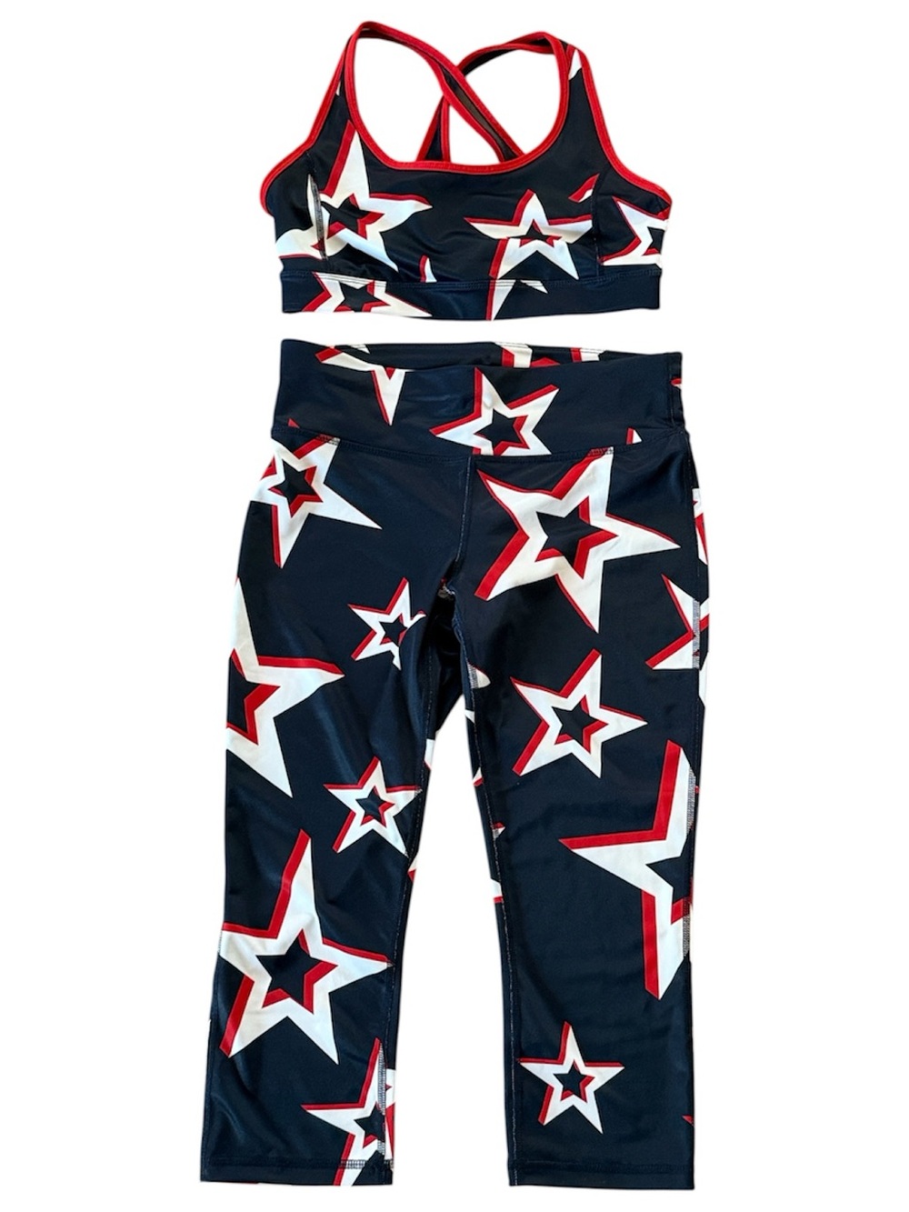 XERSION PATRIOTIC WORKOUT WEAR SET SPORTS BRA CAPRI LEGGINGS BLUE RED WHITE MED